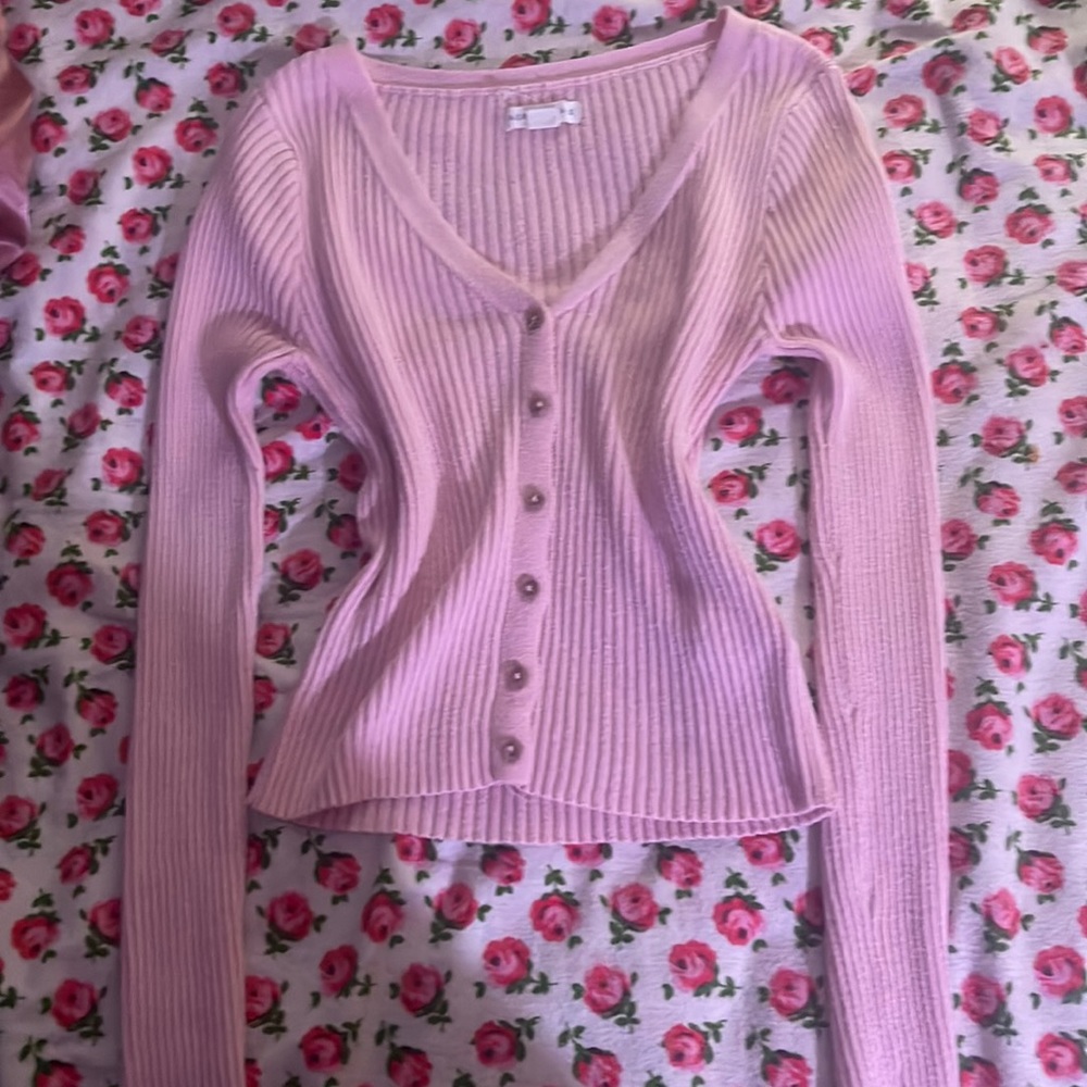 Pink button down cropper sweater